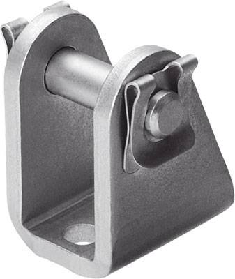 Ein silbernes Metall-Klemmbeschlagteil mit Bolzen und Klemme, verwendet zur Sicherung oder Verbindung von Strukturen oder Bauteilen.