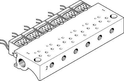Technische Zeichnung eines Ventilblocks mit fünf Ventilen, Draufsicht; zeigt Verbindungen und Montagepunkte für Pneumatiksysteme.