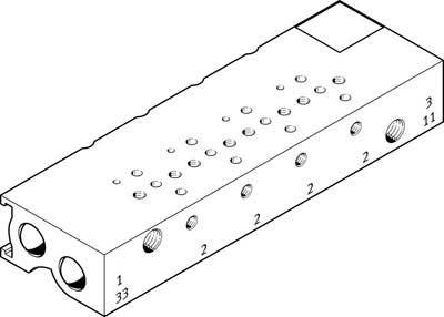 Technische Zeichnung eines rechteckigen Bauteils mit nummerierten Löchern und Anschlüssen.