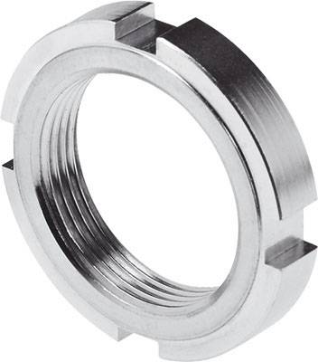 Metallring mit Gewinde, vermutlich eine Mutter, zeigt mehrere Einkerbungen an der äußeren Kante für Werkzeugbefestigung.