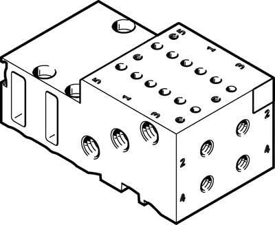 Technische Zeichnung eines rechteckigen Hydraulikventilblocks mit nummerierten Bohrungen und seitlichen Aussparungen.