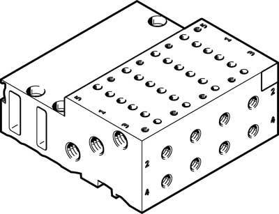 Technische Zeichnung eines rechteckigen Bauteils mit mehreren Bohrungen und Nummerierungen. Draufsicht und Seitenansicht sind sichtbar.