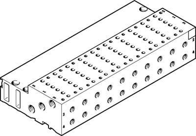 Ventilblock-Abbildung mit mehreren Anschlüssen und Bohrungen zur Steuerung hydraulischer oder pneumatischer Systeme.