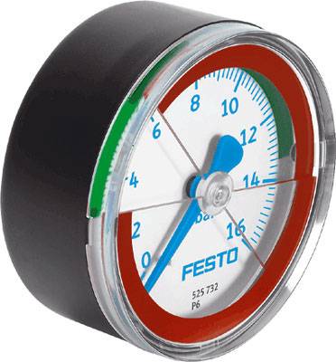 Manometer mit Ziffernblatt, zeigt Druck von 12 bar an. Markierungen in Rot und Grün zur Drucküberwachung.