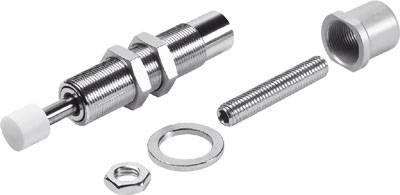 Ein metallischer Stoßdämpfer mit Gewinde, einer Mutter, einer Unterlegscheibe und einer kleinen Feder, alle aus Stahl gefertigt.
