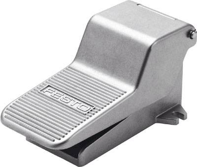 Silbernes Pedal mit graviertem Firmenlogo auf der Oberfläche; dient zur Steuerung pneumatischer Systeme.