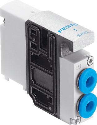 Industrieventil von Festo mit zwei blauen Anschlüssen, silberfarbenem Gehäuse und schwarzer Frontplatte.