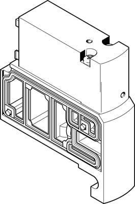 Technische Zeichnung einer mechanischen Komponente mit detaillierten Linien und Öffnungen, zeigt Funktionselemente und Struktur.