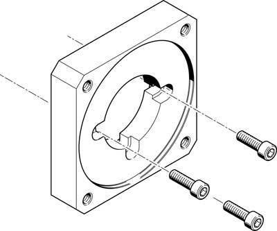 Explosionszeichnung einer Montageplatte mit vier Schrauben und Befestigungslöchern. Zeigt die Anordnung und Verbindungsteile.