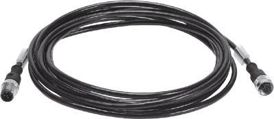 Ein schwarzes Kabel mit Steckverbindern an beiden Enden, aufgerollt, vor einem weißen Hintergrund.