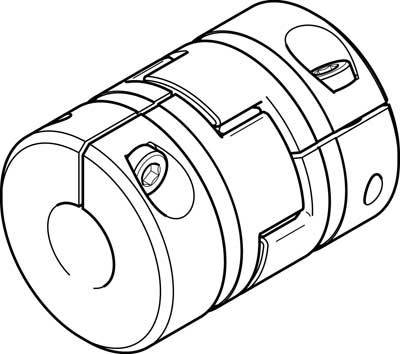 Eine technische Zeichnung zeigt eine metallische Kupplung mit Schrauben- und Steckverbindungen. Sie ist zylindrisch und hat technische Details.
