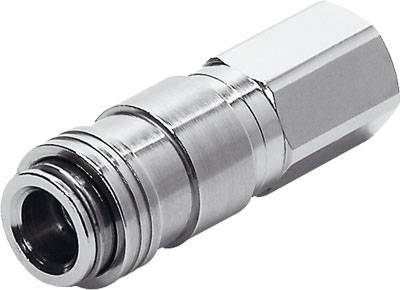 Metallischer Schnellkupplungsstecker in zylindrischer Form mit glatter Oberfläche. Verwendet für Druckluftsysteme und Schlauchverbindungen.