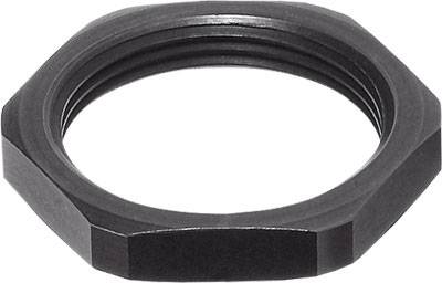 Ein achteckiger, schwarzer Metallring mit Gewinde, möglicherweise eine Mutter oder Dichtung, auf weißem Hintergrund.