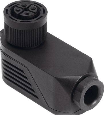 Ein schwarzer, rechteckiger Anschlussstecker mit Kabelöffnung, geeignet für industrielle oder technische Anwendungen.