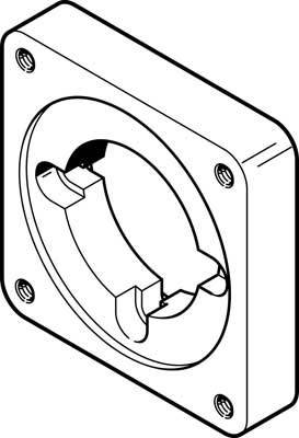 Technische Zeichnung eines rechteckigen Bauteils mit einem runden, erhabenen Element in der Mitte und vier Schraubenlöchern.