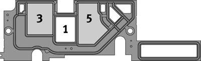 Diagramm eines Layouts mit fünf nummerierten Bereichen, wobei die Bereiche 1 und 3 links und der Bereich 5 rechts hervorgehoben sind.