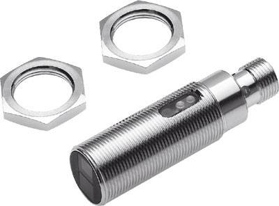 Zylindrischer Sensor mit zwei Sechskantmuttern, dient zur Objekterkennung in industriellen Anwendungen.