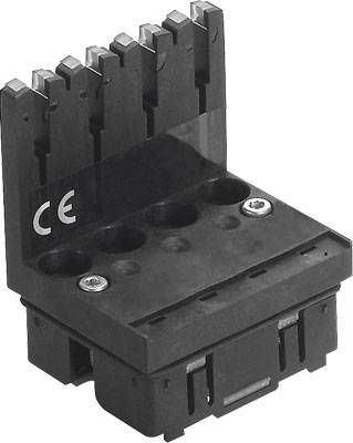 Elektrischer Steckverbinder mit CE-Kennzeichnung, schwarze Kunststoffbasis mit mehreren Steckplätzen und zwei Schrauben.