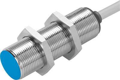 Ein zylindrischer, metallischer Sensor mit blauem Kopf und Kabel an der Rückseite. Häufig in industriellen Anwendungen eingesetzt.
