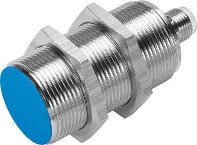 Zylindrischer, metallischer Sensor mit blau lackiertem Kopf.