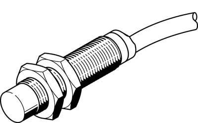 Zeichnung eines zylindrischen Sensors mit einem Gewinde, zwei Muttern und einem Kabel. Der Sensor dient zur Abstandsmessung.