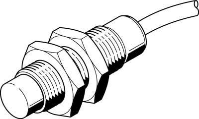 Zeichnung eines zylindrischen Sensors mit Gewinde, Kabel und Muttern. Hauptbestandteil eines Sensorsystems zur Objekterkennung.
