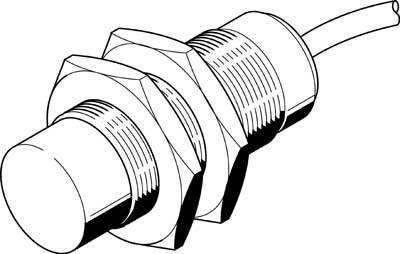 Schwarz-weiß Illustration eines zylindrischen Näherungssensors mit Kabelanschluss; typisch für industrielle Anwendungen.