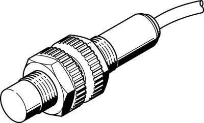 Zeichnung eines zylindrischen Steckers mit Kabel, das aus der Rückseite führt. Der Stecker hat geriffelte Ringe für besseren Halt.