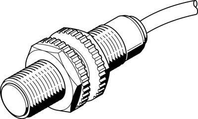 Illustration eines zylindrischen Sensors mit Kabel und Gewinde, geeignet für die Verbindung in technischen Anwendungen.