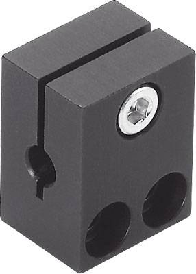 Ein schwarzer, rechteckiger Metallblock mit zwei runden Löchern und einer eingebetteten Sechskantschraube in der Mitte oben.