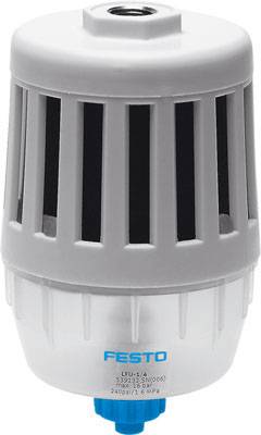 Luftfilter von Festo, zylindrische Form, primär in Grau-Weiß gestaltet, verwendet zur Reinigung von Luft in industriellen Anwendungen.
