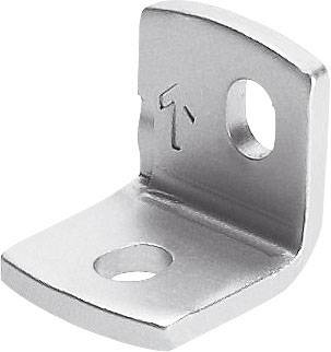 Metallwinkel mit zwei Befestigungslöchern, rechteckige Form, Kante hochgebogen, Oberfläche glänzend.