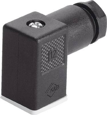 Ein schwarzer Winkelstecker aus Kunststoff mit Schraube oben sichtbar. Links das Logo 'K&B'.