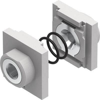 Zwei quadratische Bauteile mit zentralen Löchern sind durch eine Spiralfeder verbunden, die ihre Funktion oder Verbindung verdeutlicht.