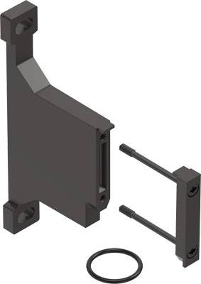 Schwarzes mechanisches Bauteil mit zwei Schrauben und einem Dichtungsring, möglicherweise Teil eines Halters oder Gehäuses.