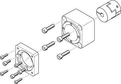 Explosionszeichnung eines Elektromotors mit Befestigungsschrauben und Gehäuseteilen. Teile sind getrennt dargestellt.
