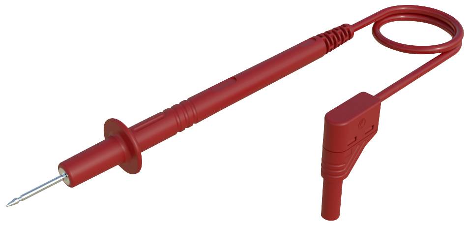 Rotes Prüfgerät mit Spitze und Kabel, verwendet zur elektrischen Messung.
