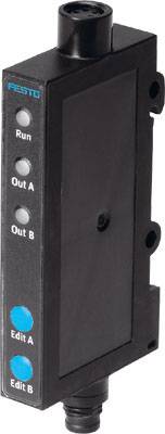 'Festo' Steuergerät, rechteckige Form, vertikale Anordnung. Links: Statusleuchten für ‚Run‘, ‚Out A‘, ‚Out B‘ und Tasten ‚Edit A‘, ‚Edit B‘.