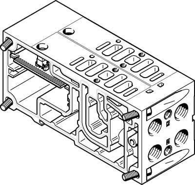 Technische Zeichnung eines rechteckigen mechanischen Bauteils mit sichtbaren Schrauben, Ausschnitten und detaillierten Innenstrukturen.