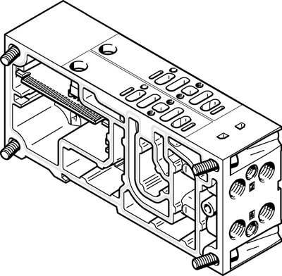 Strichzeichnung eines mechanischen Bauteils mit verschiedenen Öffnungen, Schraubenlöchern und detaillierten Innenstrukturen zur technischen Montage.