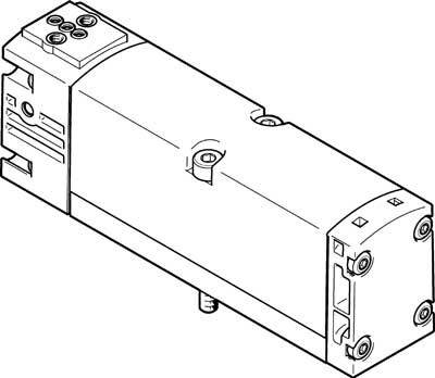 Technische Zeichnung eines rechteckigen pneumatischen Zylinders mit sichtbaren Schrauben und Befestigungspunkten.