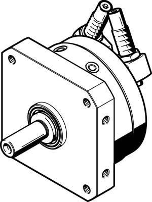 Strichzeichnung eines Rotationsaktuators mit quadratischer Montageplatte, zentraler Welle und Anschlüssen an der Oberseite.
