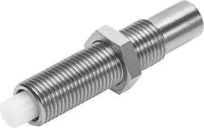 Metallischer Druckbolzen mit Gewinde und Kunststoffspitze, oft in mechanischen Anwendungen zur Druckausübung verwendet.
