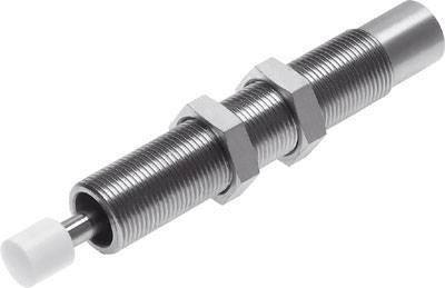 Industriefeder aus Metall mit Gewinde und zwei Muttern, verwendet zur präzisen Kontrolle von Bewegungen in Maschinen.
