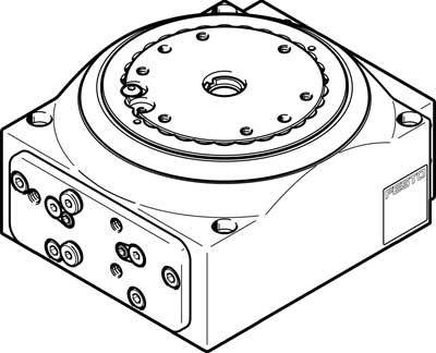 Illustration eines mechanischen Antriebsmoduls mit runder Drehplatte und mehreren Öffnungen an einer Seite.