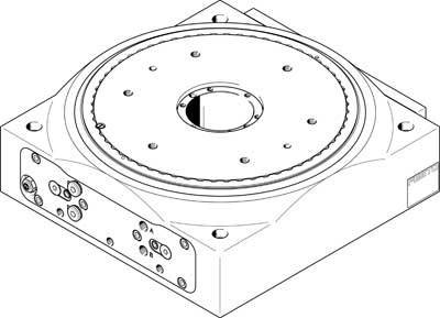 Zeichnung einer quadratischen, mechanischen Plattform mit rundem, zahnradähnlichem Innenbereich. Technische Details sind angedeutet.