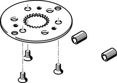 Illustration einer Anbauplatte mit vier Schrauben und zwei Gewindestiften, die separat dargestellt sind, für mechanische Befestigung.