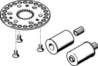 Explosionszeichnung eines mechanischen Teils mit Schrauben und Zylindern zur Montage. Zeigt die Anordnung und Zusammensetzung.