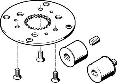 Technische Zeichnung einer Montageplatte mit Schrauben und Abstandshaltern, zeigt die Anordnung der Teile für die Installation.