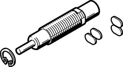 Explosionszeichnung eines Stifts mit Feder, Ringen und Scheiben, die Bauteile eines mechanischen Geräts darstellen.